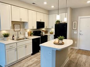 Chantilly apartment for rent - A kitchen with white cabinets and a black refrigerator.