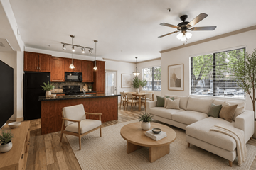 Phoenix apartment for rent - A modern living room with a white sofa and wooden coffee table.