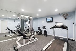 Mesa apartment for rent - A home gym with a treadmill, weights, and exercise equipment.