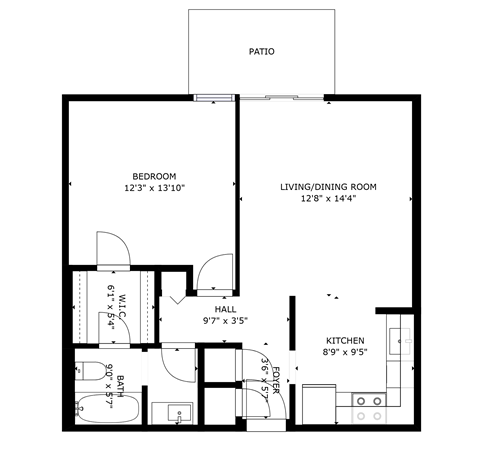 Floor plan for 1 bed, 1 bath, 650 sqft