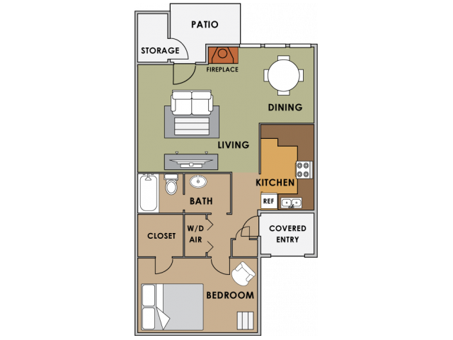 Floor plan for 1 bed, 1 bath, 934 sqft