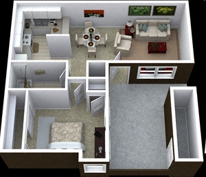 Floor plan for 1 bed, 1 bath, 609 sqft