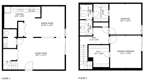 Floor plan for 2 beds, 1.5 baths, 1300 sqft