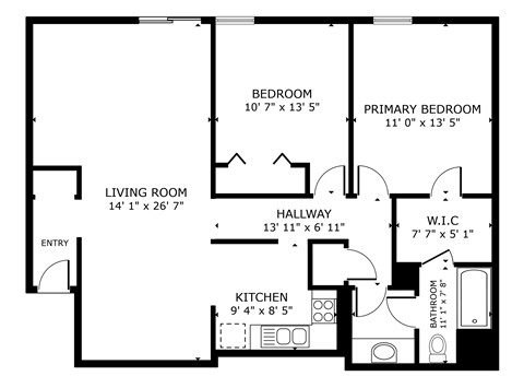 Floor plan for 2 beds, 1 bath, 1100 sqft