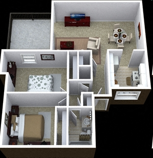 Floor plan for 2 beds, 1 bath, 847 sqft
