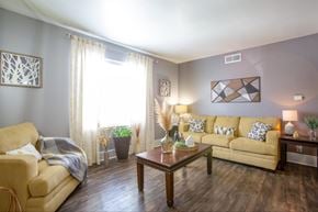 San Antonio apartment for rent - A living room with a tan couch, a coffee table, and a lamp.