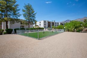 Tucson apartment for rent - A tennis court surrounded by a fence and buildings.