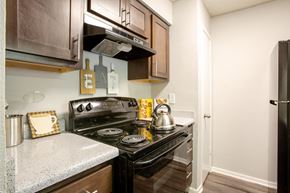 San Antonio apartment for rent - A kitchen with a black stove top oven and wooden cabinets.