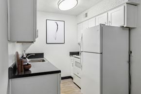 Madison apartment for rent - A kitchen with a white refrigerator and a black counter top.