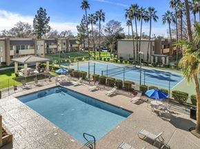 Mesa apartment for rent - A pool surrounded by palm trees and a tennis court.