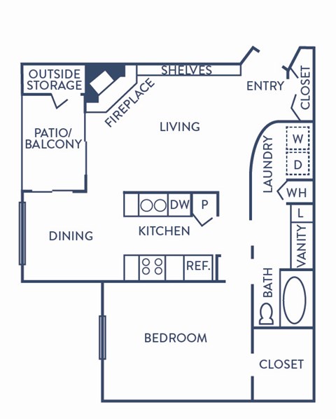 Floor plan for 1 bed, 1 bath, 700 sqft