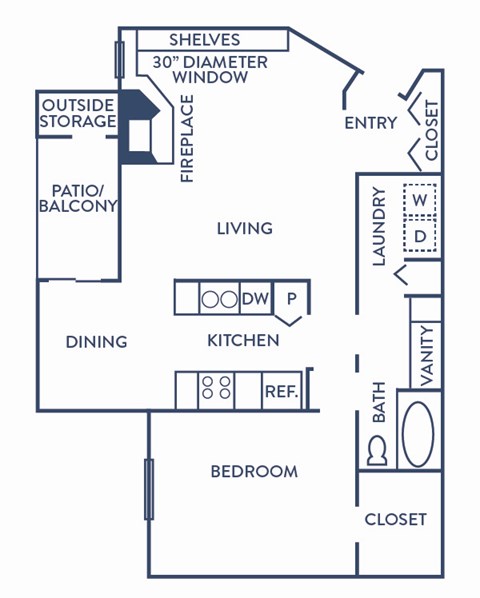 Floor plan for 1 bed, 1 bath, 756 sqft