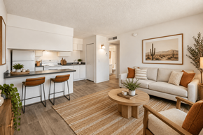 Tucson apartment for rent - A modern kitchen with a bar stool and a dining table.