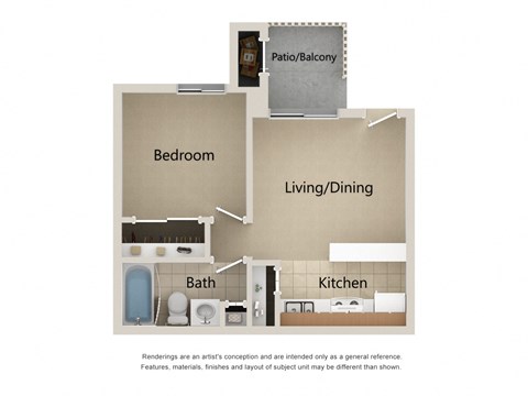 Floor plan for 1 bed, 1 bath, 463 sqft