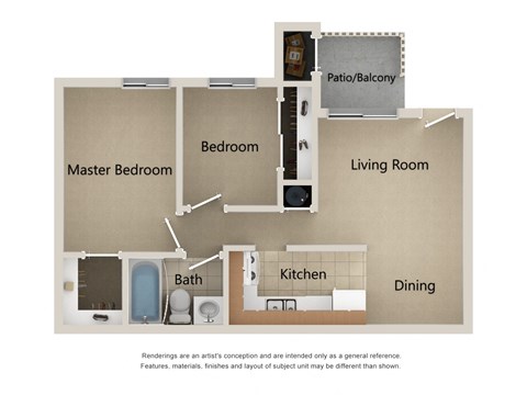 Floor plan for 2 beds, 1 bath, 668 sqft