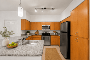 Goodyear apartment for rent - A kitchen with wooden cabinets and a black refrigerator.