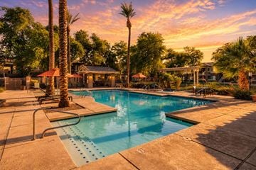 Goodyear apartment for rent - A pool surrounded by palm trees and a sunset sky.
