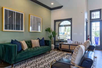 Tucson apartment for rent - A living room with a green couch and a black and white patterned rug.