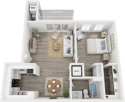 Floor plan for 1 bed, 1 bath, 789 sqft