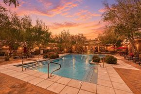 Phoenix apartment for rent - A swimming pool surrounded by trees and lounge chairs at sunset.