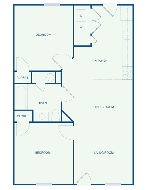 Floor plan for 2 beds, 1 bath, 882 sqft