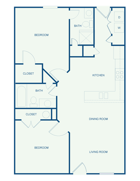 Floor plan for 2 beds, 2 baths, 882 sqft
