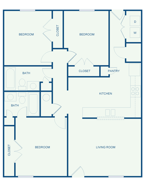 Floor plan for 3 beds, 2 baths, 1099 sqft