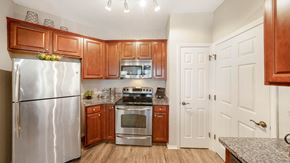 Tampa apartment for rent - A kitchen with wooden cabinets and a stainless steel refrigerator.