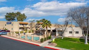 Tucson apartment for rent - A sunny day at the Sunrise Apartments with a pool and palm trees.