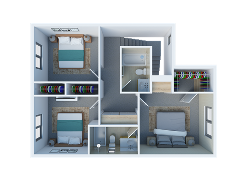 Floor plan for 3 beds, 2.5 baths, 1266 sqft