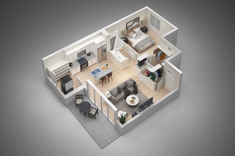 Floor plan for 1 bed, 1 bath, 764 sqft