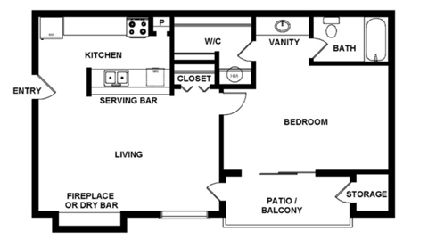 Floor plan for 1 bed, 1 bath, 517 sqft