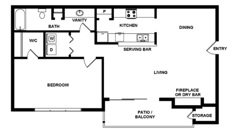Floor plan for 1 bed, 1 bath, 665 sqft