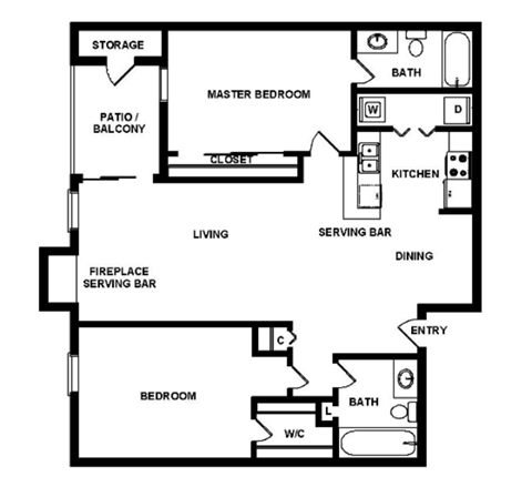 Floor plan for 2 beds, 2 baths, 917 sqft