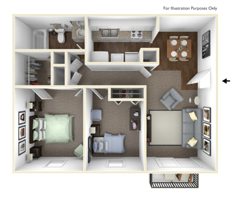 Floor plan for 2 beds, 1 bath, 907 sqft