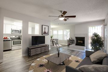 Tucson apartment for rent - a living room with a couch and a coffee table in front of a fireplace