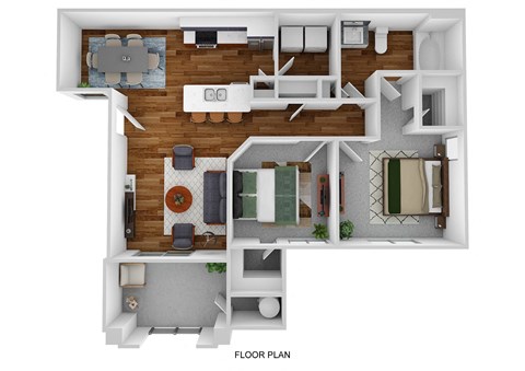 Floor plan for 2 beds, 1 bath, 964 sqft