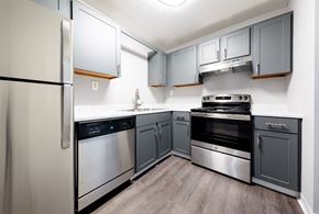 Lexington apartment for rent - A kitchen with a refrigerator on the left and a stove top oven on the right.