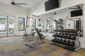 Surprise apartment for rent - A gym with a variety of equipment including weights and machines.