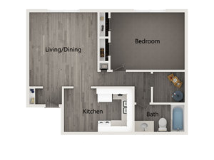 Floor plan for 1 bed, 1 bath, 751 sqft