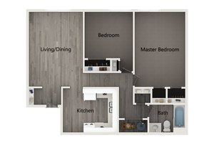 Floor plan for 2 beds, 1 bath, 953 sqft