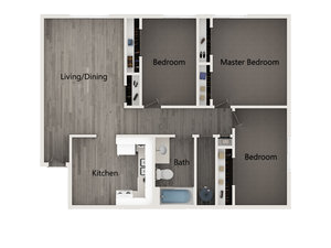 Floor plan for 3 beds, 1 bath, 1140 sqft