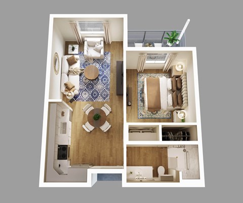 Floor plan for 1 bed, 1 bath, 605 sqft