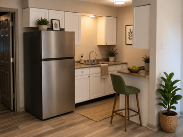 Lexington apartment for rent - A modern kitchen with a stainless steel refrigerator and white cabinets.