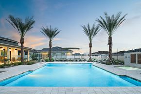 Mesa apartment for rent - A swimming pool surrounded by palm trees and a building in the background.