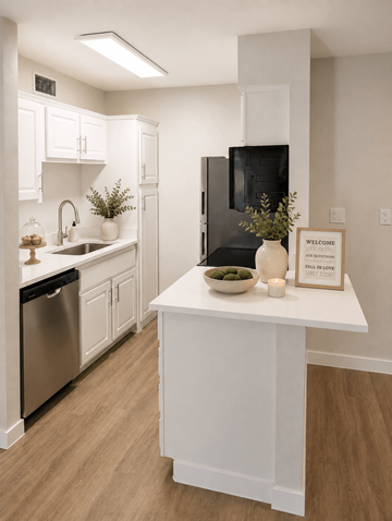 Tucson apartment for rent - A kitchen with a black refrigerator and white cabinets.