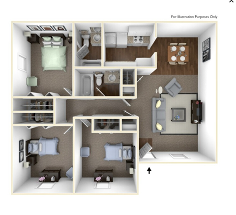 Floor plan for 3 beds, 2 baths, 1100 sqft