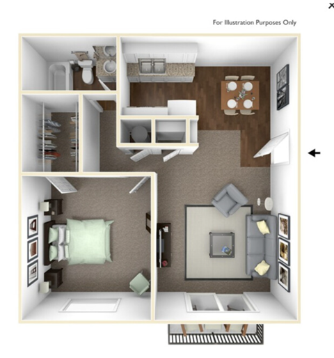 Floor plan for 1 bed, 1 bath, 698 sqft