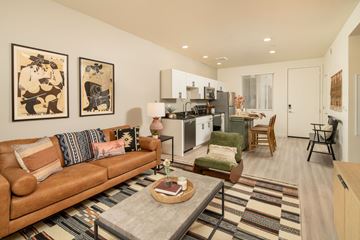Tempe apartment for rent - A living room with a brown couch and a rug.