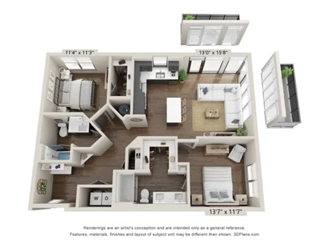 Floor plan for 2 beds, 2 baths, 1072 sqft